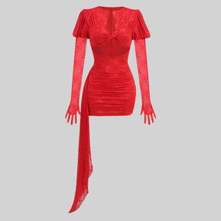 Elegant Lace Mini Dress with Long Sleeve Extension Gloves