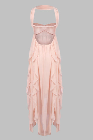 Strapless Ruffle Chiffon Long Dress with Rhinestone Starfish Brooch Backless, Layered Flowing Skirt