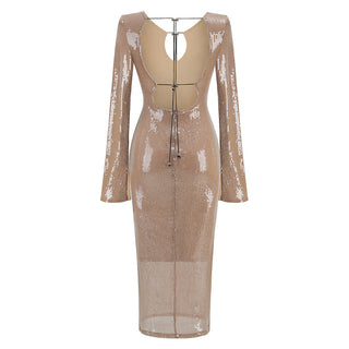 Star Night Backless Long Sleeve Sequin Long Dress