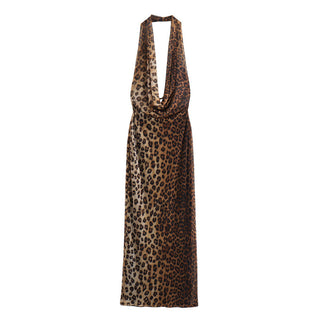 Leopard Halter Neck Mesh Long Dress