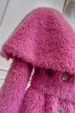 Pink Faux Fur Midi Coat with Oversized Collar