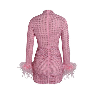 Pink Rhinestone Mini Dress with Feather Cuffs - Long Sleeve, High Neck