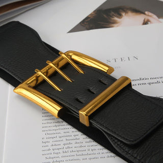 Wide Elastic Belt with Bold Gold Buckle