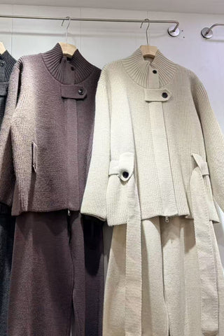 Elegant Ribbed Knit Belted Jacket & Wide Leg Pants Set