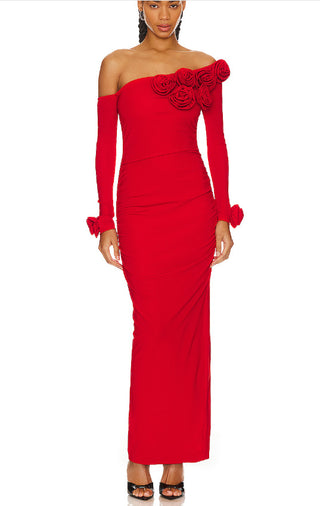 Elegant One-OffShoulder Long Sleeves- Tall Dress with Floral Detailing