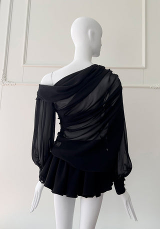 Elegant Long-Sleeve Oblique Shoulder Sheer Top and Skort Set