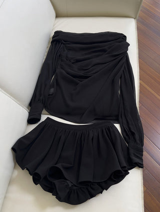 Elegant Long-Sleeve Oblique Shoulder Sheer Top and Skort Set