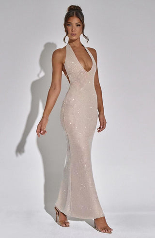 Apricot Halter Sparkle Backless Long Dress