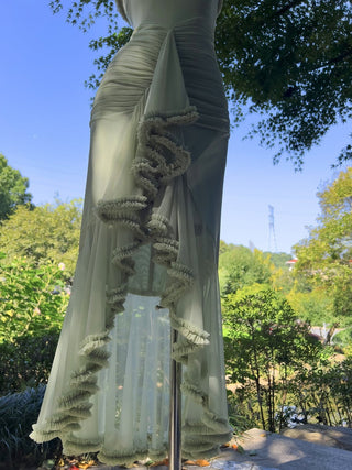 Elegant Sleeveless Long Mesh Dress with Ruffled Details