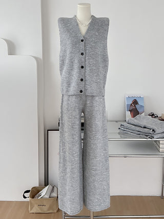 3-Piece Cozy Knitted Lounge Set - Long Cardigan, Vest, and High-Waist Pants