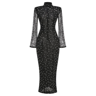 Black Diamond Embellished Long Sleeve Maxi Dress