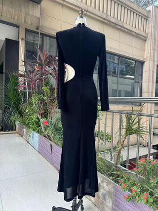 Long Sleeve Black Velvet Luxury Evening Dress with Rhinestone Design