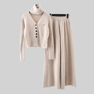 3-Piece Knitted Set - V-Neck Sweater, Cardigan, and Wide-Leg Pants