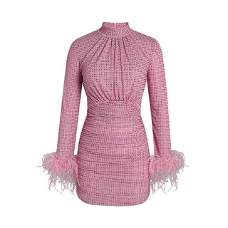 Pink Rhinestone Mini Dress with Feather Cuffs - Long Sleeve, High Neck