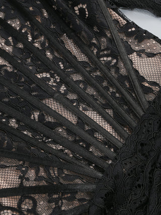 Elegant Black Lace Draped Corset -Long Sleeves Mini Dress