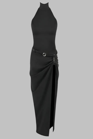 Sculpted Halter-Neck Belted Slit  Long Dress
