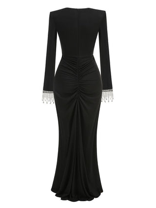 Elegant Black Long Sleeve Evening Long Dress with V-Neck and High Slit