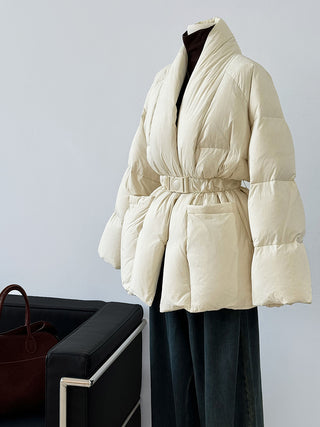 Premium Midi Puffer Jacket with Belt - White Duck Down Filled