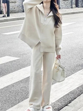 Cozy Knit Set - Wide Leg Pants & Oversized Zip-Up Sweater