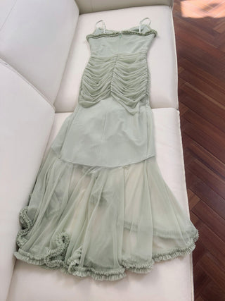 Elegant Sleeveless Long Mesh Dress with Ruffled Details