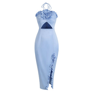 Thalia Flower Backless Satin Long Dress