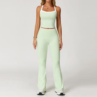 Contrast Trim Racerback Sports Set – Crop Tank & Flared High-Waist Leggings