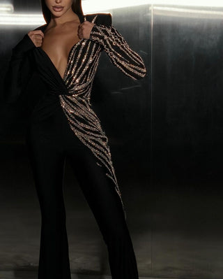 Sexy Deep V-Neck Rhinestone Flared Jumpsuit - Slim Fit Long Sleeve