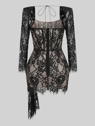 Elegant Black Lace Draped Corset -Long Sleeves Mini Dress
