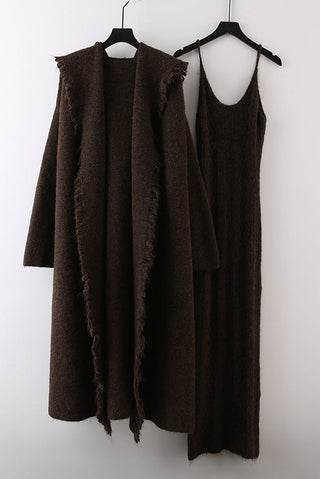 Knitted Maxi Dress and Long Hooded Cardigan Set with Fringe Trim