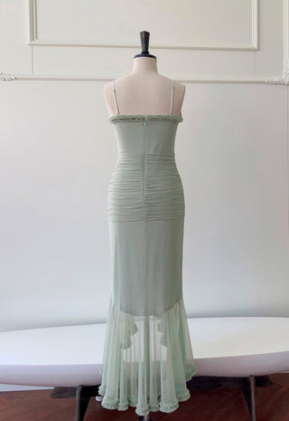 Elegant Sleeveless Long Mesh Dress with Ruffled Details