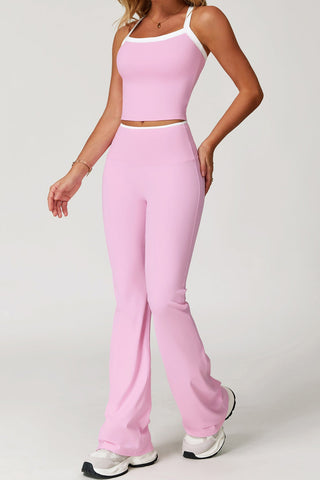 Contrast Trim Racerback Sports Set – Crop Tank & Flared High-Waist Leggings