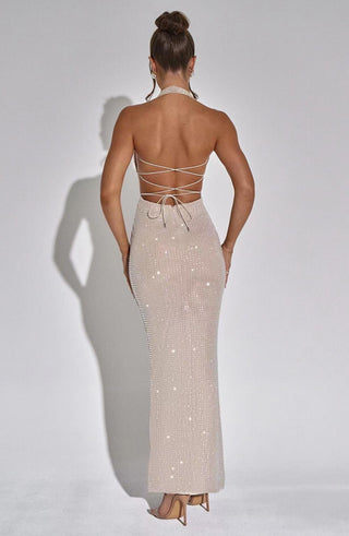 Apricot Halter Sparkle Backless Long Dress