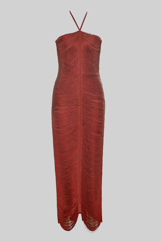 Luxury Halter Neck Backless Tassel Fringe Long Bandage Dress with High Slit