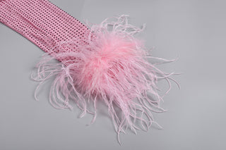 Pink Rhinestone Mini Dress with Feather Cuffs - Long Sleeve, High Neck