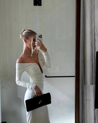 Elegant Off-Shoulder Long Sleeve U-Neck Tall Dress