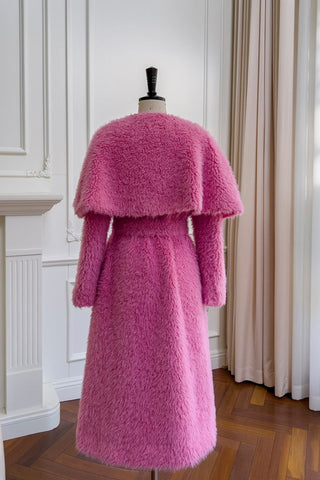 Pink Faux Fur Midi Coat with Oversized Collar