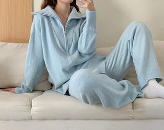 Cozy Knit Set - Wide Leg Pants & Oversized Zip-Up Sweater