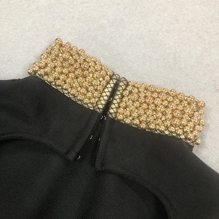 Elegant Long Sleeve Bandage Tall Dress with Gold Pearl Detailing