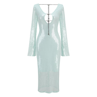 Star Night Backless Long Sleeve Sequin Long Dress