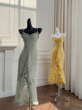 Elegant Sleeveless Long Mesh Dress with Ruffled Details