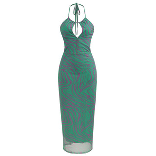 Halter Backless Print  Midi Dress