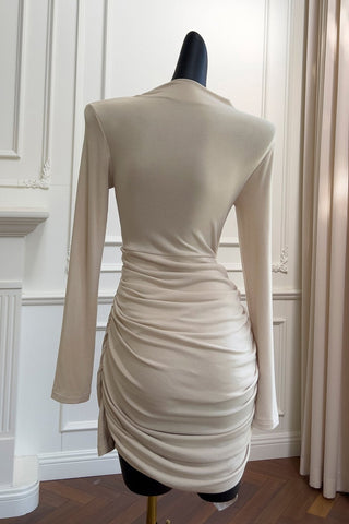 Cream Long-Sleeve Draped Mini Dress with Rhinestone Detail