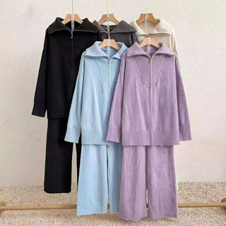 Cozy Knit Set - Wide Leg Pants & Oversized Zip-Up Sweater