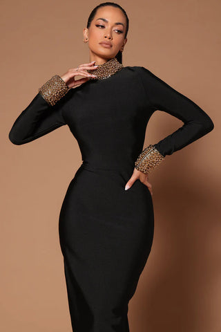 Elegant Long Sleeve Bandage Tall Dress with Gold Pearl Detailing