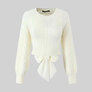 Long Sleeve Backless Knitted Sweater Top with Bow Detail