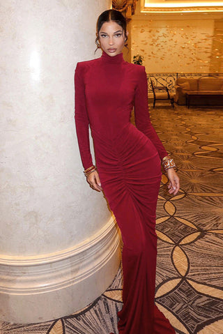 Elegant Red Long-Sleeve Evening Dress with Shoulder Pads and Ruched Hip Detail - Fishtail Maxi Gown