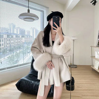 Double-Faced Wool Coat with Fur Cuffs - Mid-Length, Belted Wrap Coat