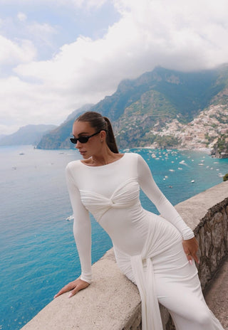 Long Sleeve Knotted Maxi Dress - Sexy Round Neck Ribbon Detail