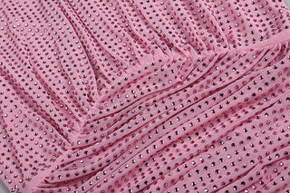 Pink Rhinestone Mini Dress with Feather Cuffs - Long Sleeve, High Neck