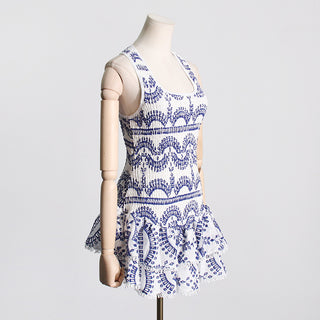 Ruffled Embroidered Sleeveless Mini Dress